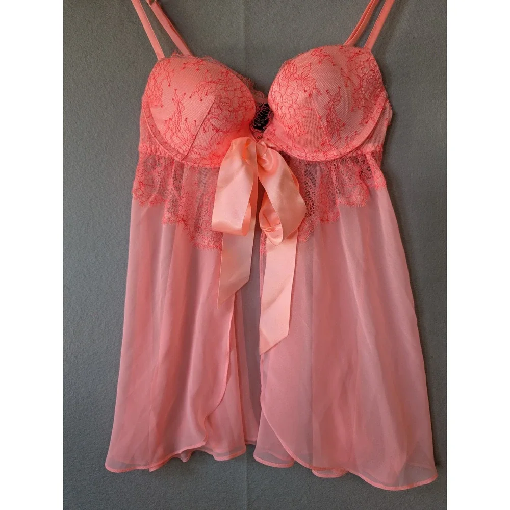 VICTORIAS SECRET Lace Peach Flyaway Sexy Padded Nightie Ribbon Underwire Bra 34B